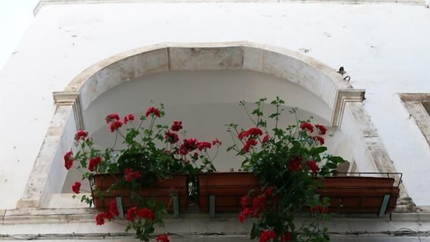 A white building with a balcony adorned with red flowers and a wooden bench. - Accogliente Dimora (Putignano)