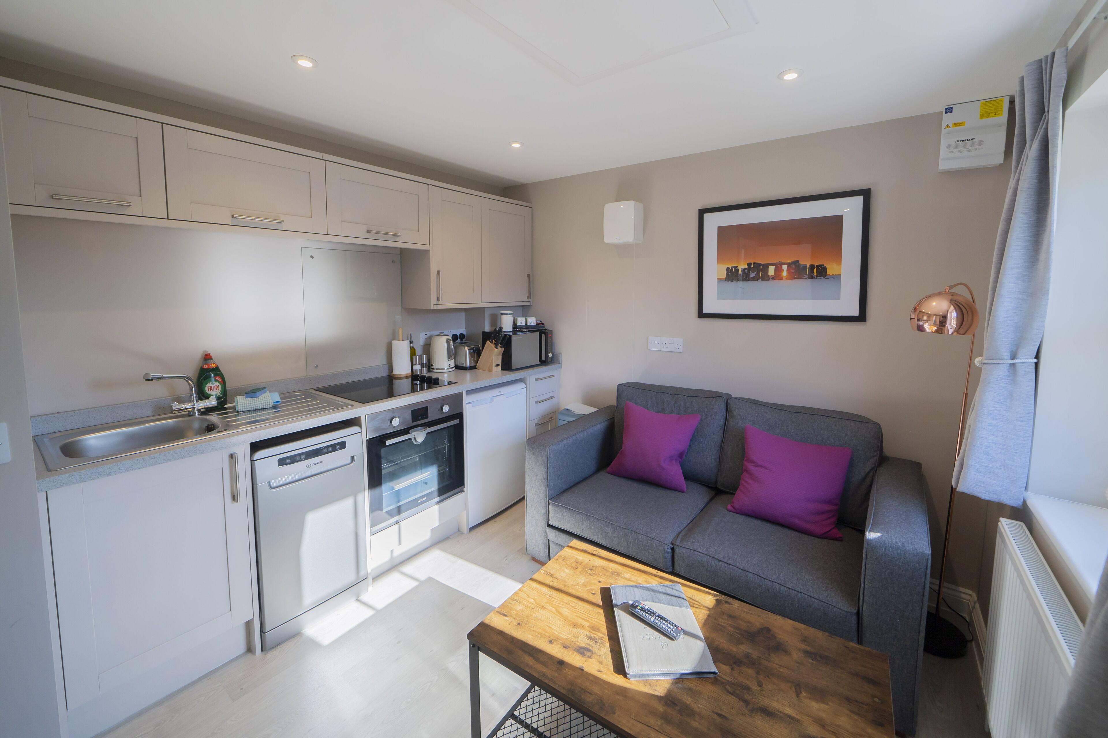 A compact kitchen with modern appliances, a grey sofa with purple cushions, and a framed picture on the wall.