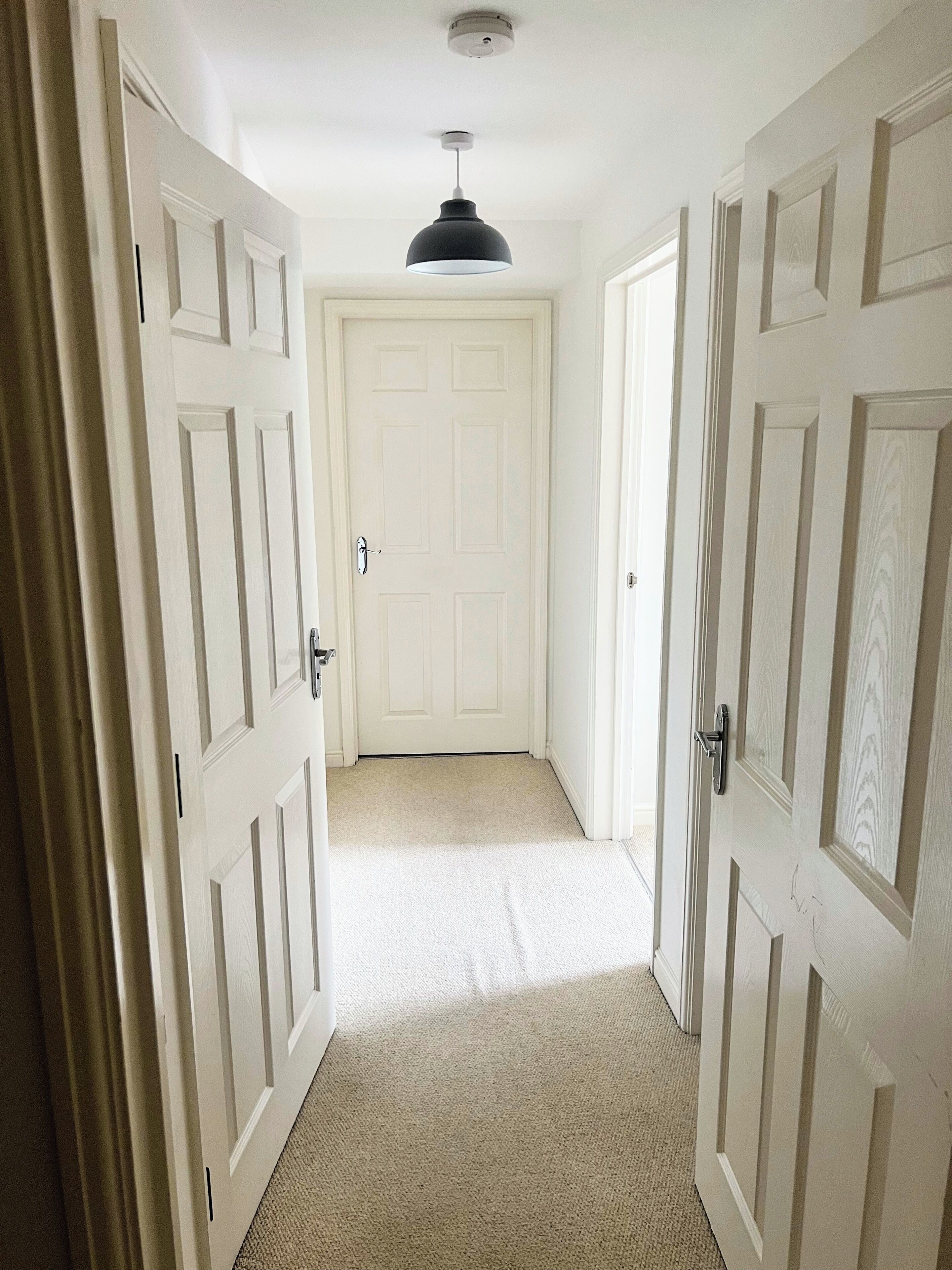 A hallway with white doors, a beige carpet, and a ceiling light fixture.