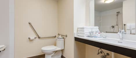 A modern bathroom with a toilet, handrails, a sink with toiletries, and a mirror.