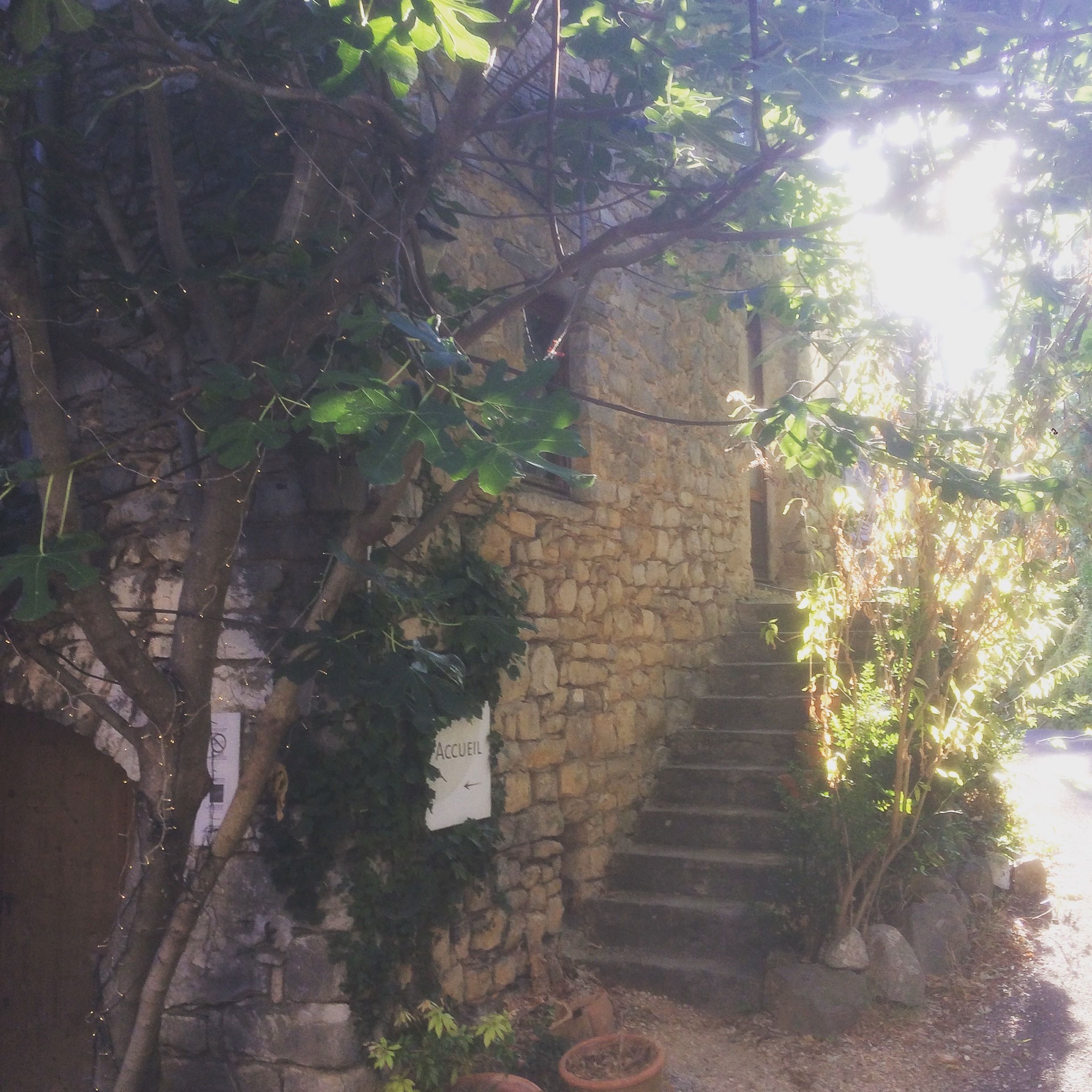 Un bâtiment en pierre avec une enseigne indiquant « ACCUEIL » et un escalier menant à l’entrée.