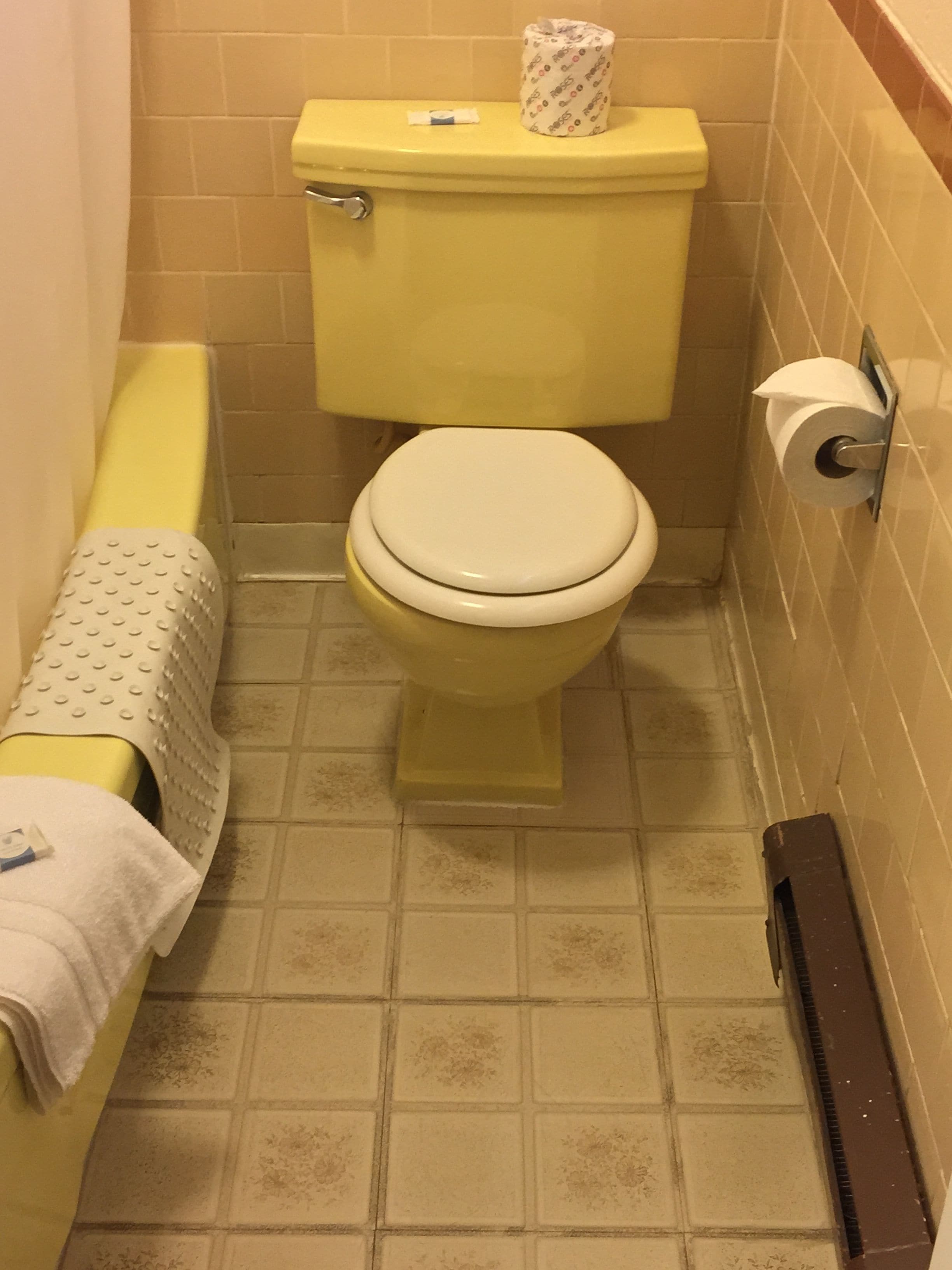 Een kleine badkamer met een geel toilet, een witte toiletrolhouder en een geel bidet.