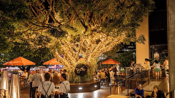 An outdoor dining area with tables and chairs under a large tree decorated with lights. - Rydges Fortitude Valley (Bowen Hills)