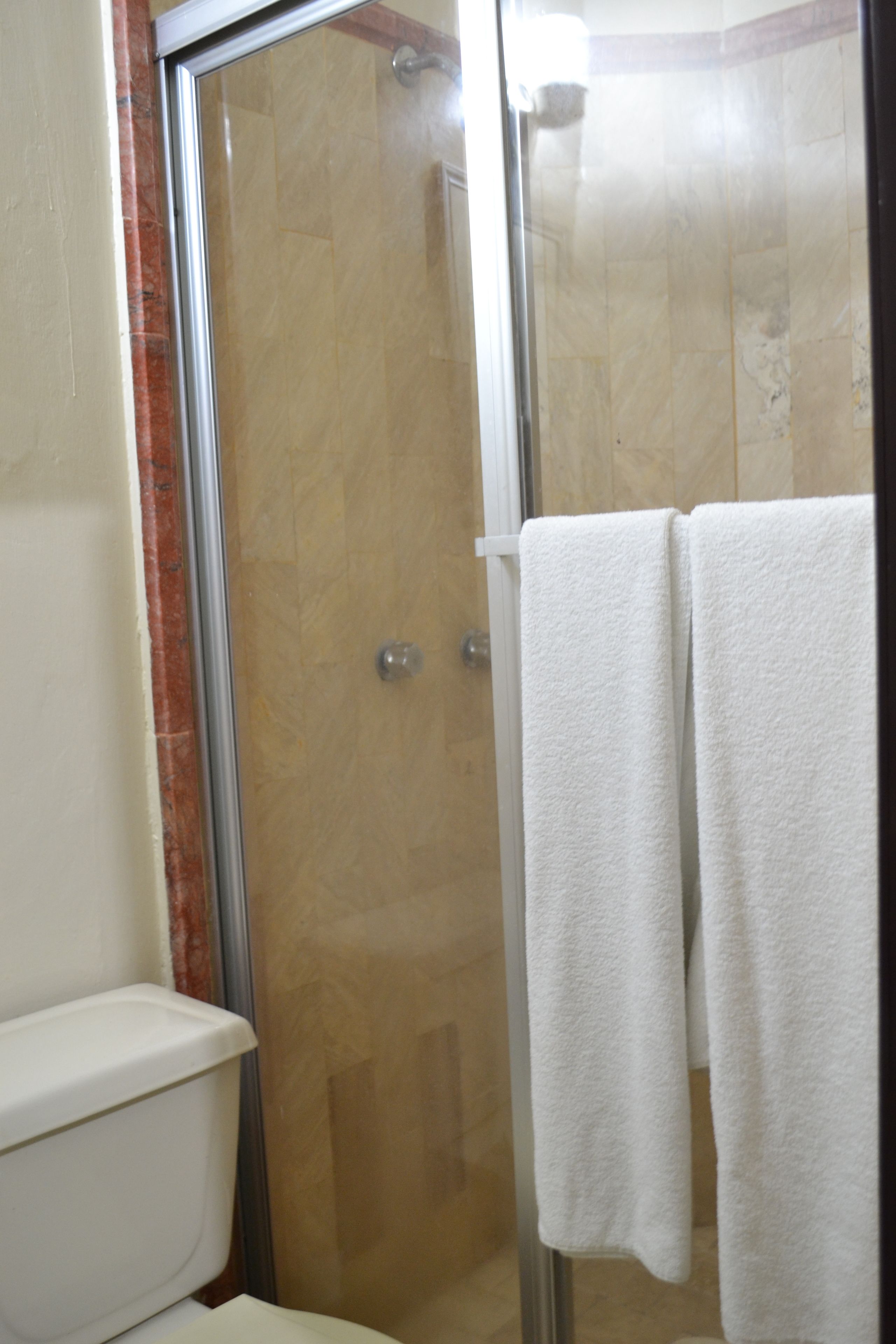 Un baño con ducha de vidrio, inodoro blanco y dos toallas blancas colgadas en un perchero.