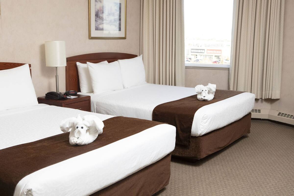 Habitación de hotel con dos camas, una mesita de noche, una lámpara y una ventana con cortinas.