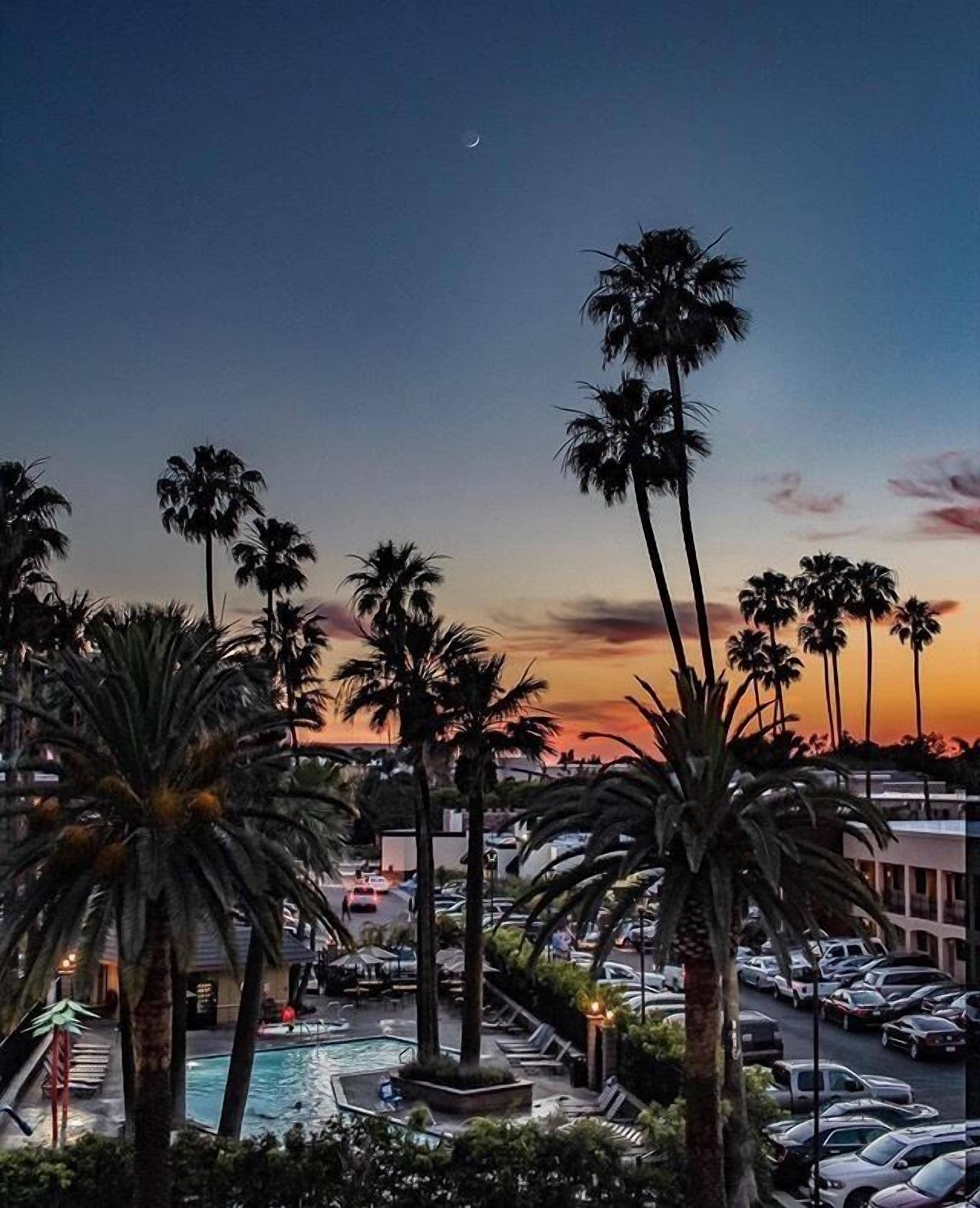 Un resort con area piscina, palme e vista sul tramonto.