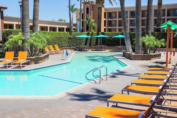 Outdoor pool, open 8:00 AM to 10:00 PM, pool umbrellas, sun loungers