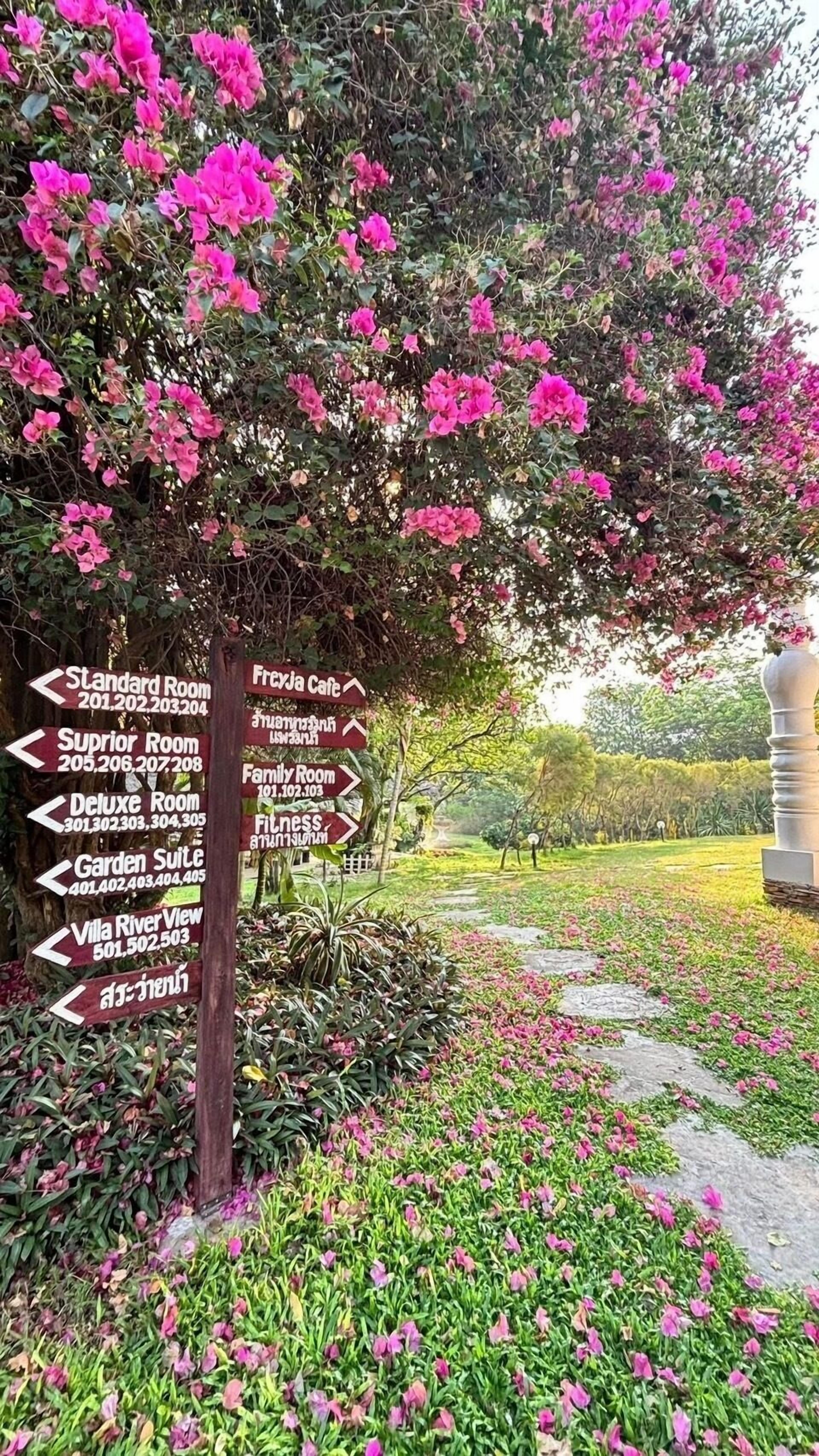 A signpost with directions to various hotel rooms and amenities, surrounded by pink flowers and greenery.