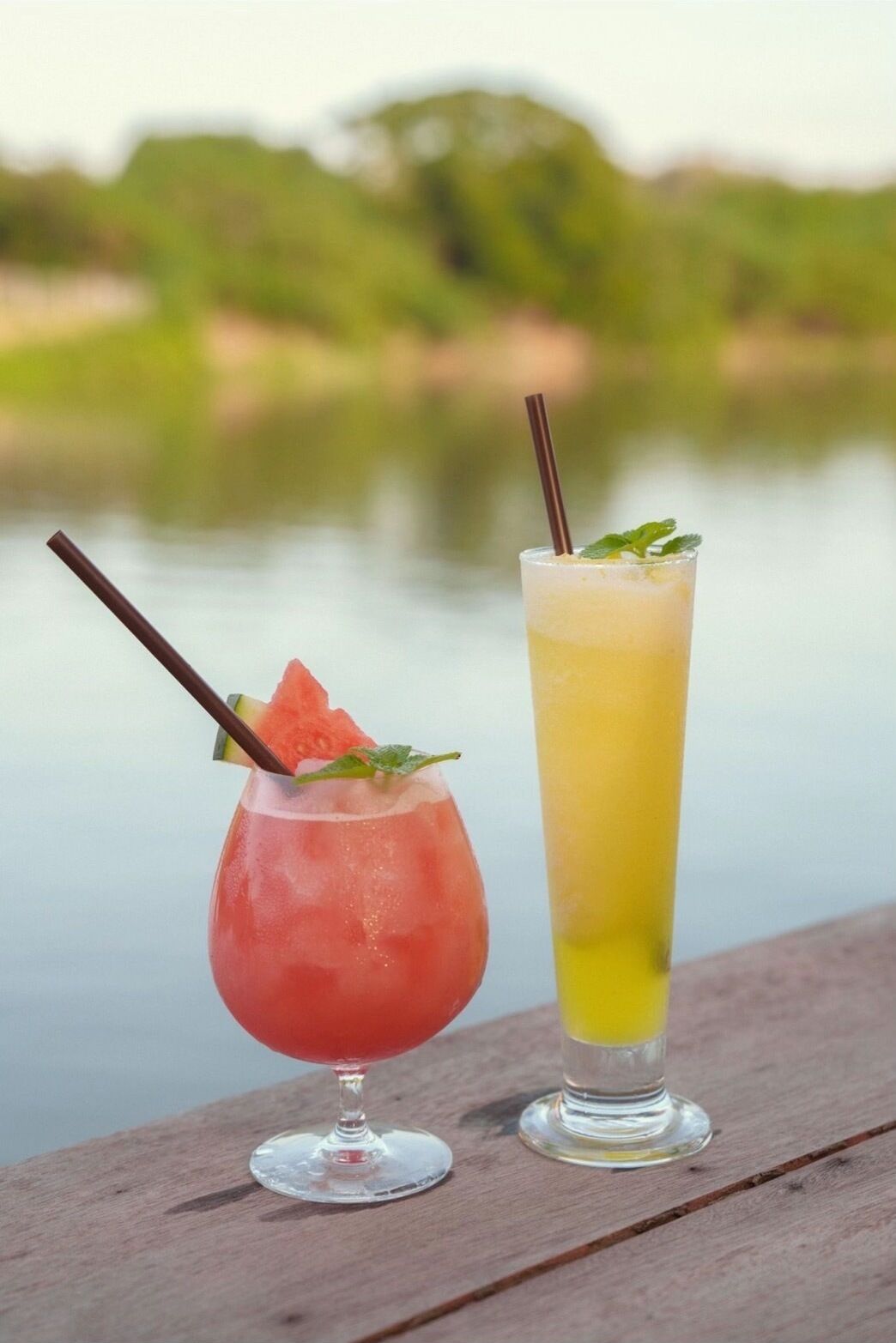 Two drinks on a wooden surface with a blurred natural background.