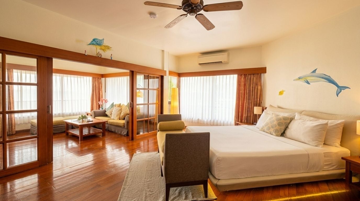 A hotel room with a bed, a chair, a desk, and a ceiling fan.