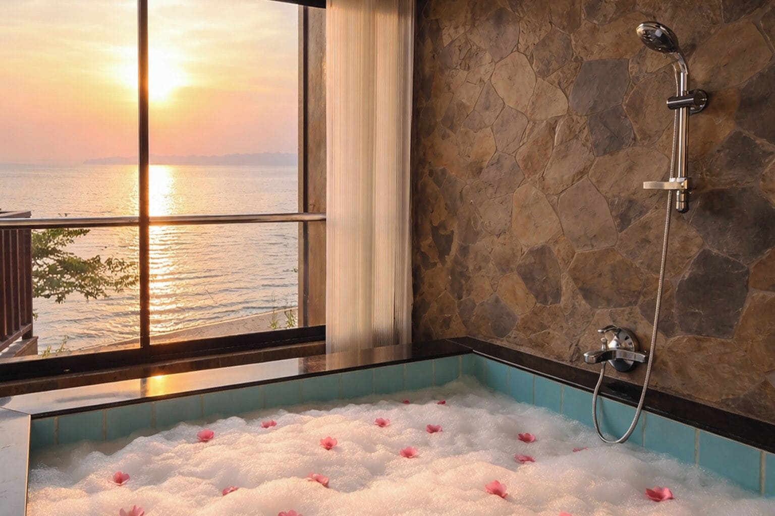 Un baño con una bañera llena de burbujas y pétalos de rosa, una ducha y vistas a la puesta de sol sobre el agua.