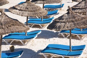 Private beach, sun loungers, beach umbrellas, beach towels