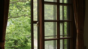 A window with a view of greenery outside. - Hotel Mont Blanc Hakuba (Hakuba)