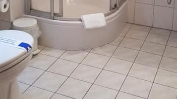 Un baño con ducha de mampara de vidrio, inodoro y lavamanos.
