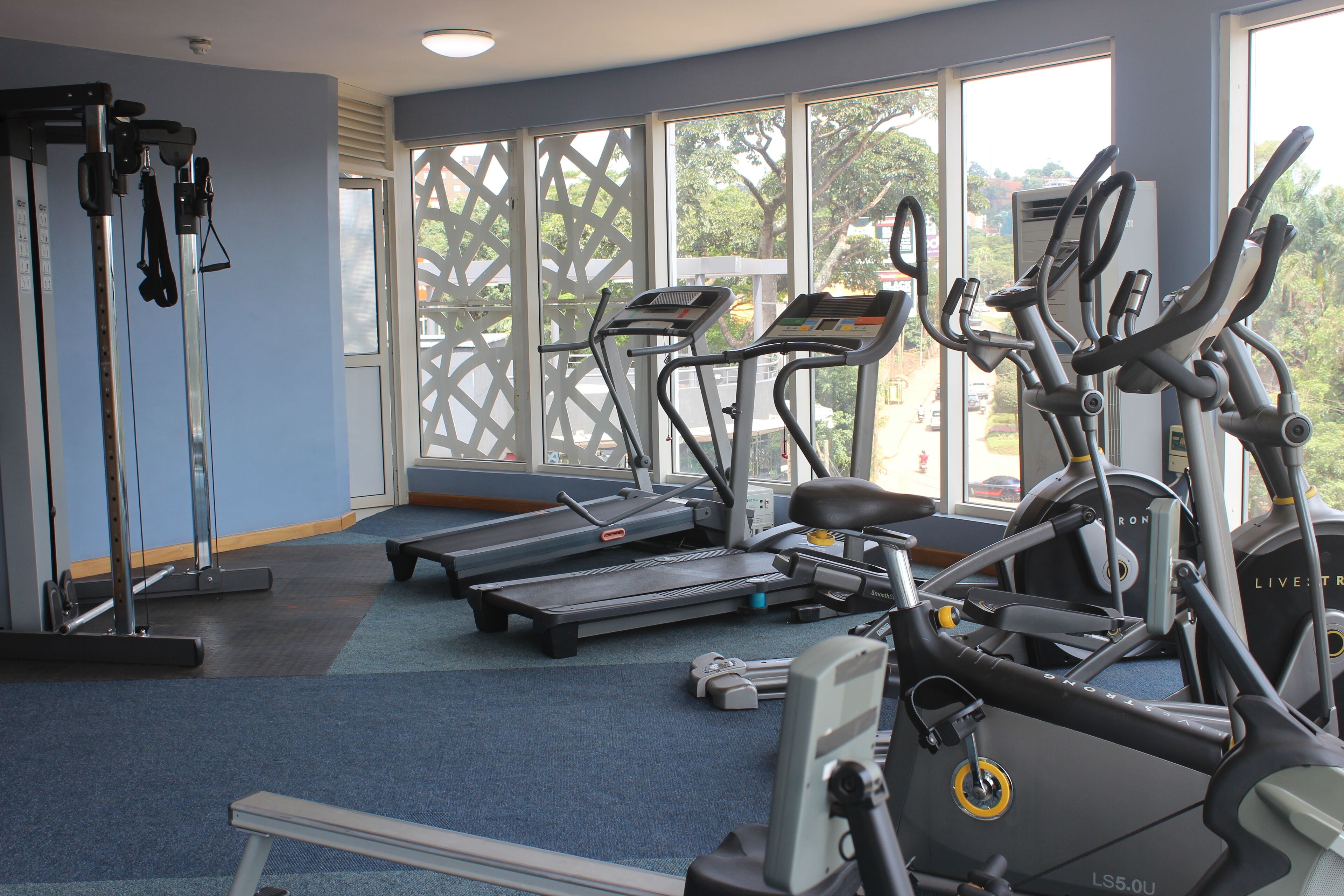 A gym with treadmills, stationary bikes, and weight machines.