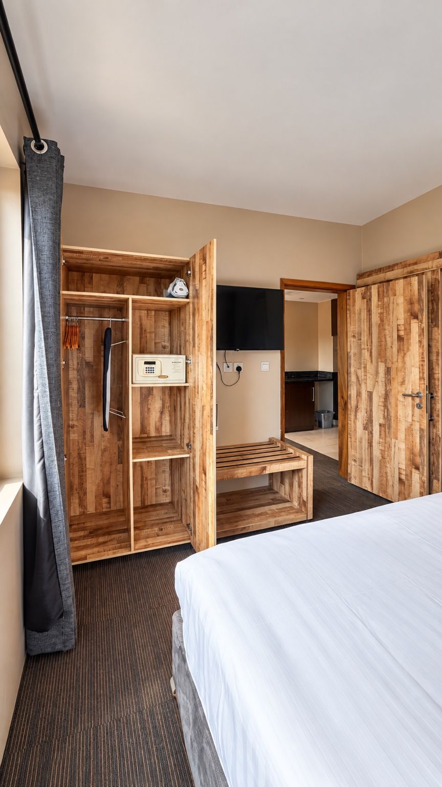 Een hotelkamer met een bed, een houten kledingkast, een douchegedeelte en een aan de muur bevestigde televisie.