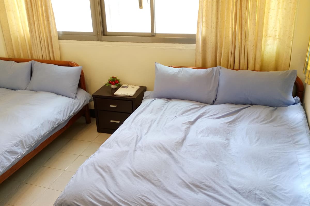 A twin room with two single beds, a nightstand with a plant, and a window with curtains.