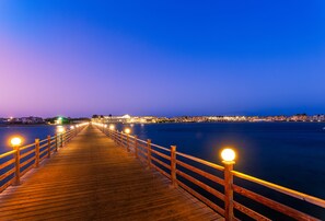 Stroll along the boardwalk to the water's edge, where the city skyline unfolds in the distance.