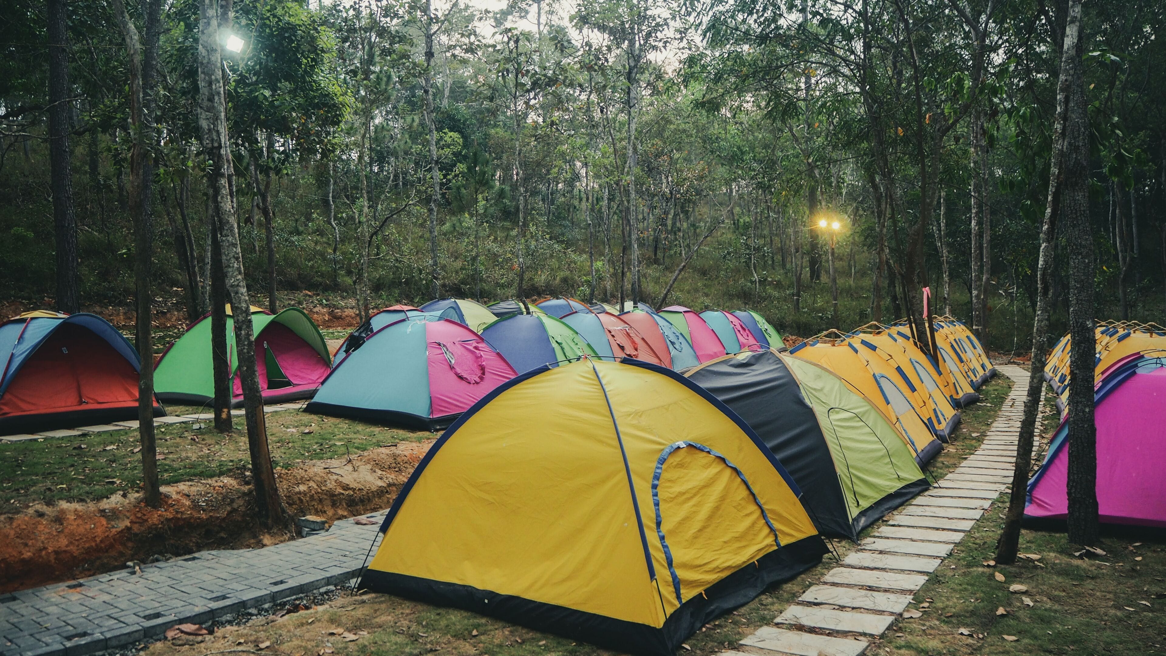 A row of colorful tents arranged along a stone pathway in a forested area.