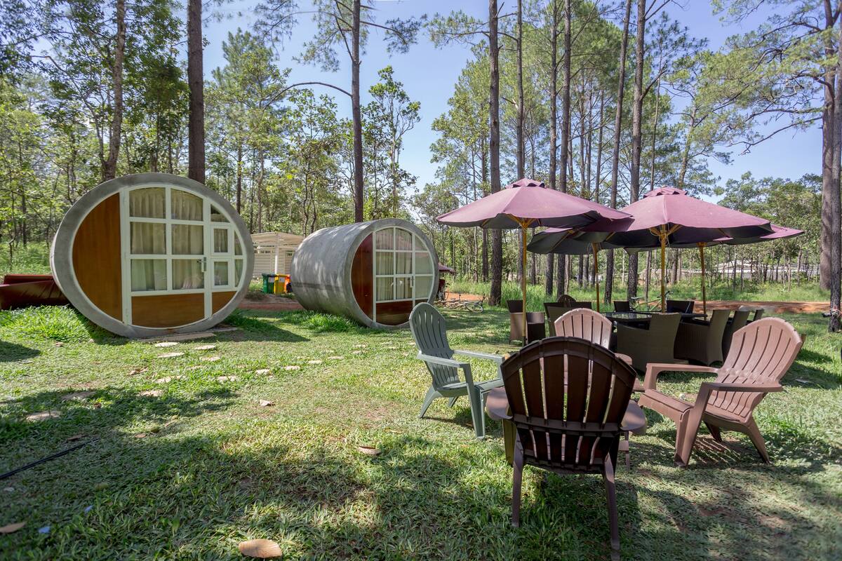 Un espacio al aire libre rústico con sillas tipo Adirondack y una mesa, rodeado de grandes barriles de madera utilizados como asientos.
