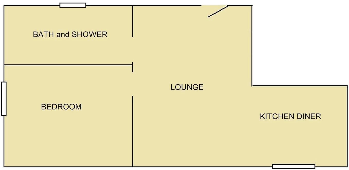 A floor plan with a bedroom, bathroom, lounge, and kitchen diner.