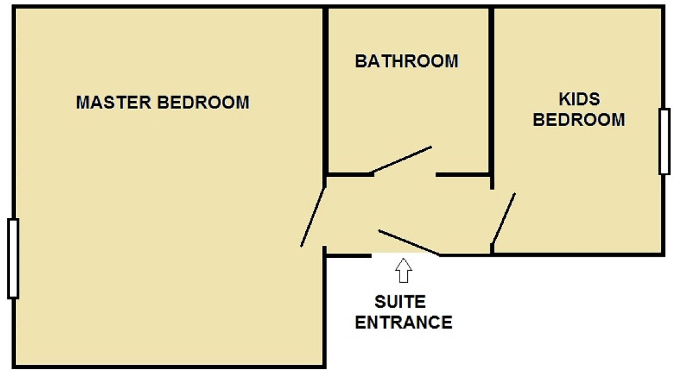 A floor plan with a master bedroom, bathroom, kids bedroom, and a suite entrance.