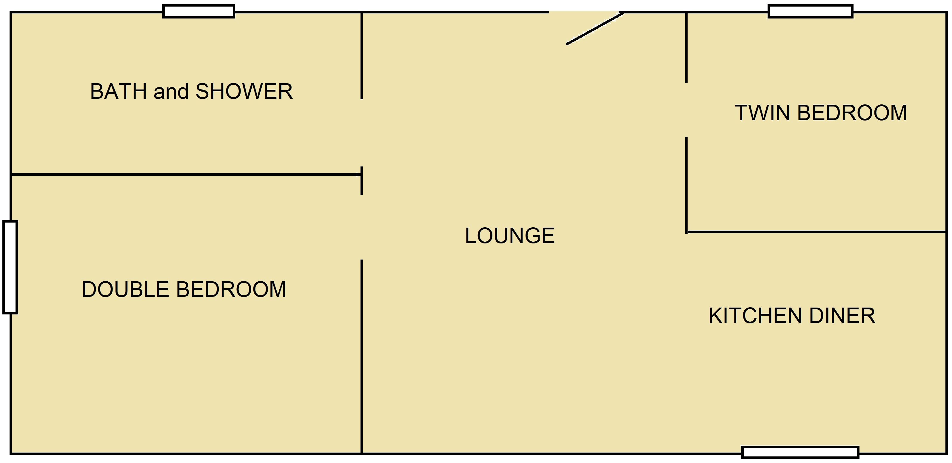 Plano de planta con habitación doble, habitación con dos camas, sala de estar y comedor con cocina.