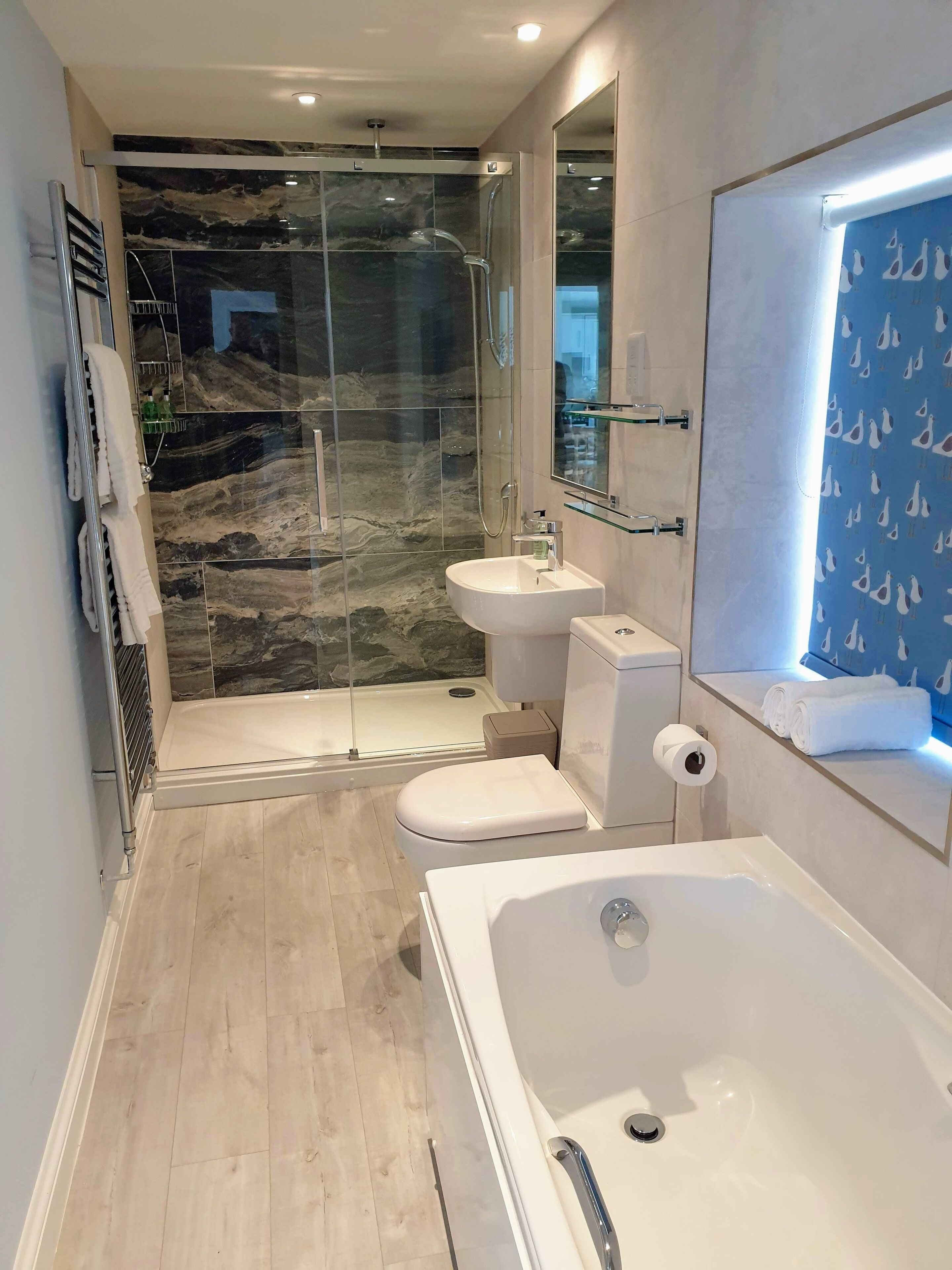 Een moderne badkamer met een douche met glazen wand, een witte badkuip, toilet en wastafel.