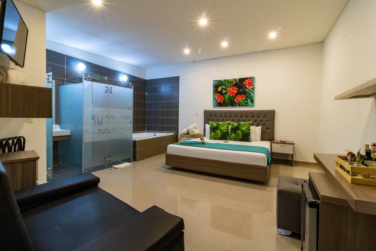 Une chambre d’hôtel moderne dotée d’un grand lit, d’une douche à parois de verre, d’une petite table de chevet et d’un téléviseur fixé au mur.
