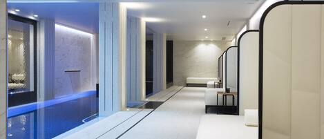 Indoor pool, open 7:00 AM to 10:00 PM, sun loungers