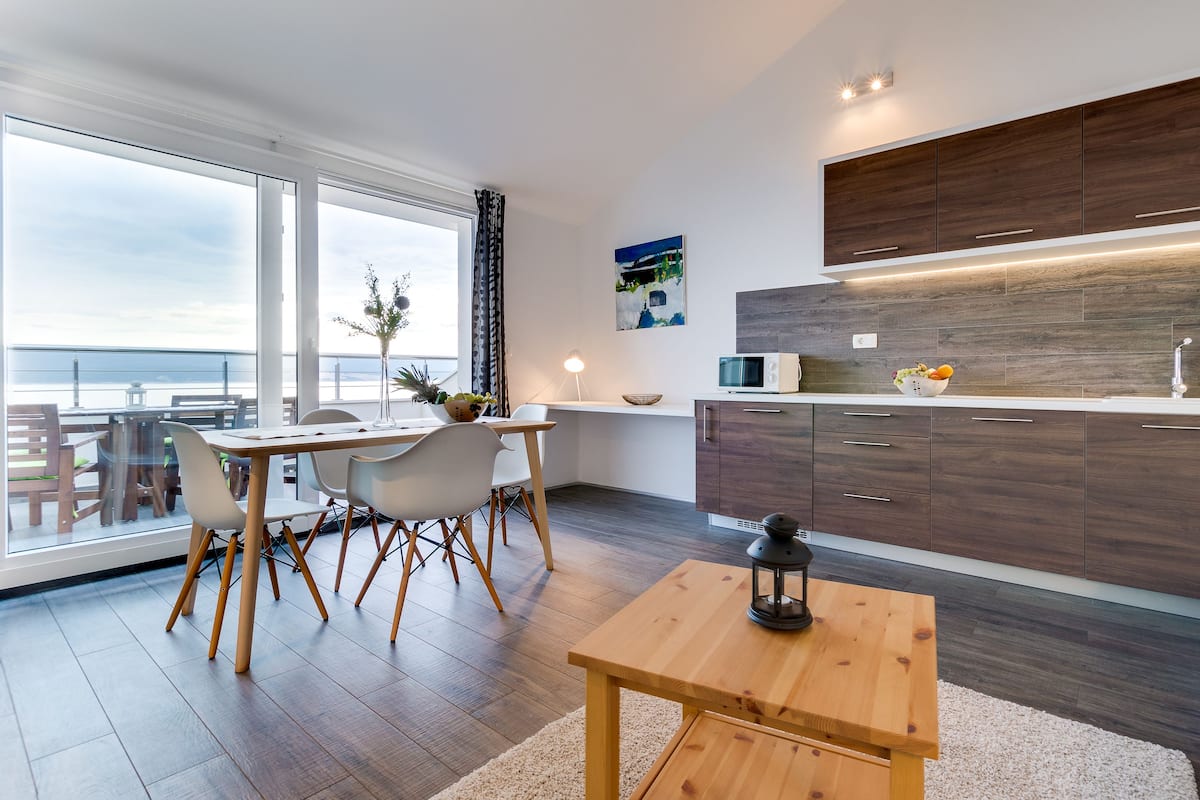 loft studio, terrace, sea view | private kitchen | fridge, microwave, stovetop