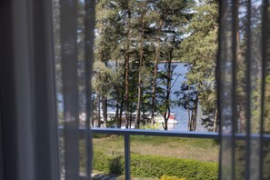Vista a través de una ventana con baranda de metal, mostrando un lago, árboles y un edificio con techo rojo al fondo.