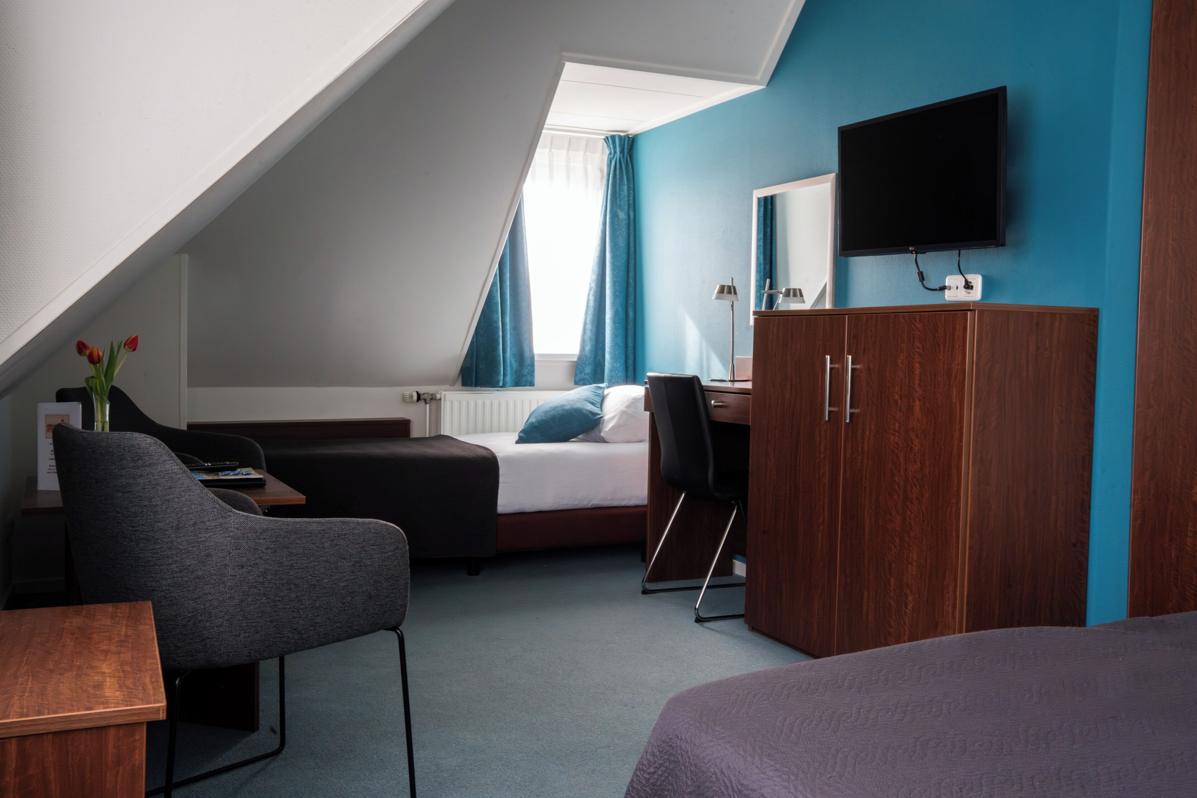A bedroom with a bed, a desk, a chair, a TV, and a wardrobe.