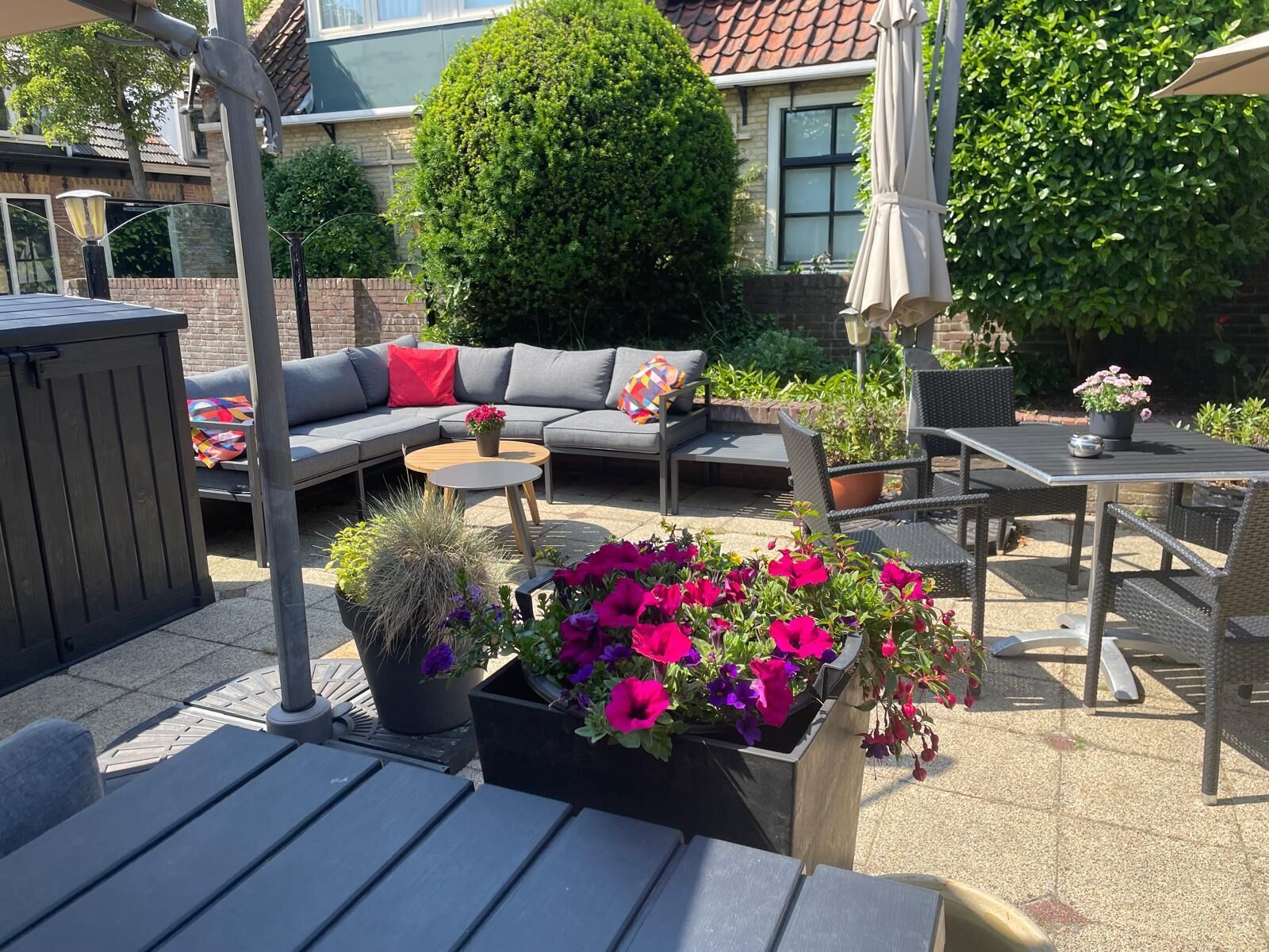 En udendørs patio med sofa, rundt bord, stole og krukker med planter.