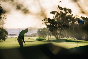 A golfer on a golf course with a flagstick and a flag, trees, and a body of water in the background.