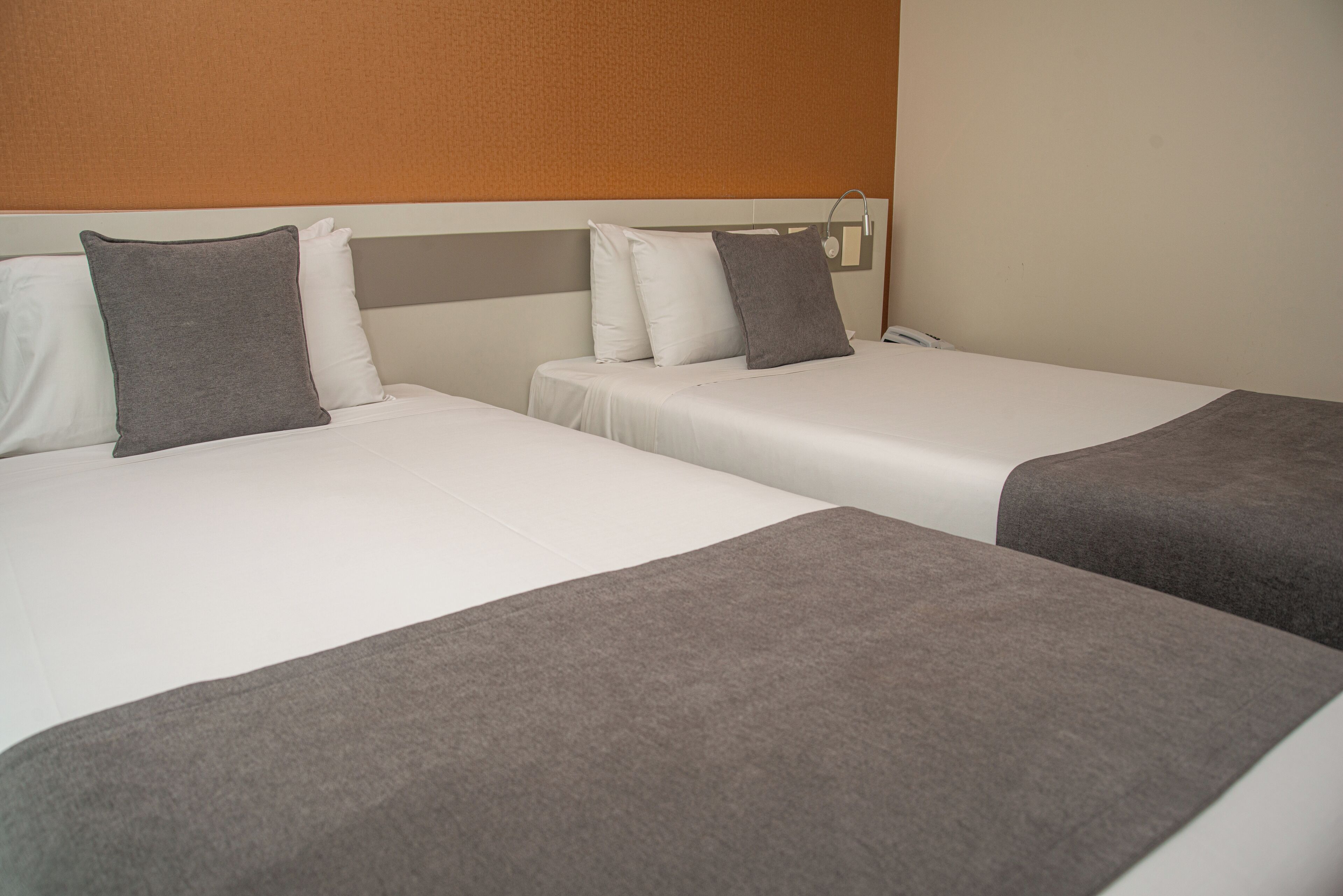 Two single beds with grey and white bedding, a headboard with a grey and white design, and a wall-mounted light fixture.