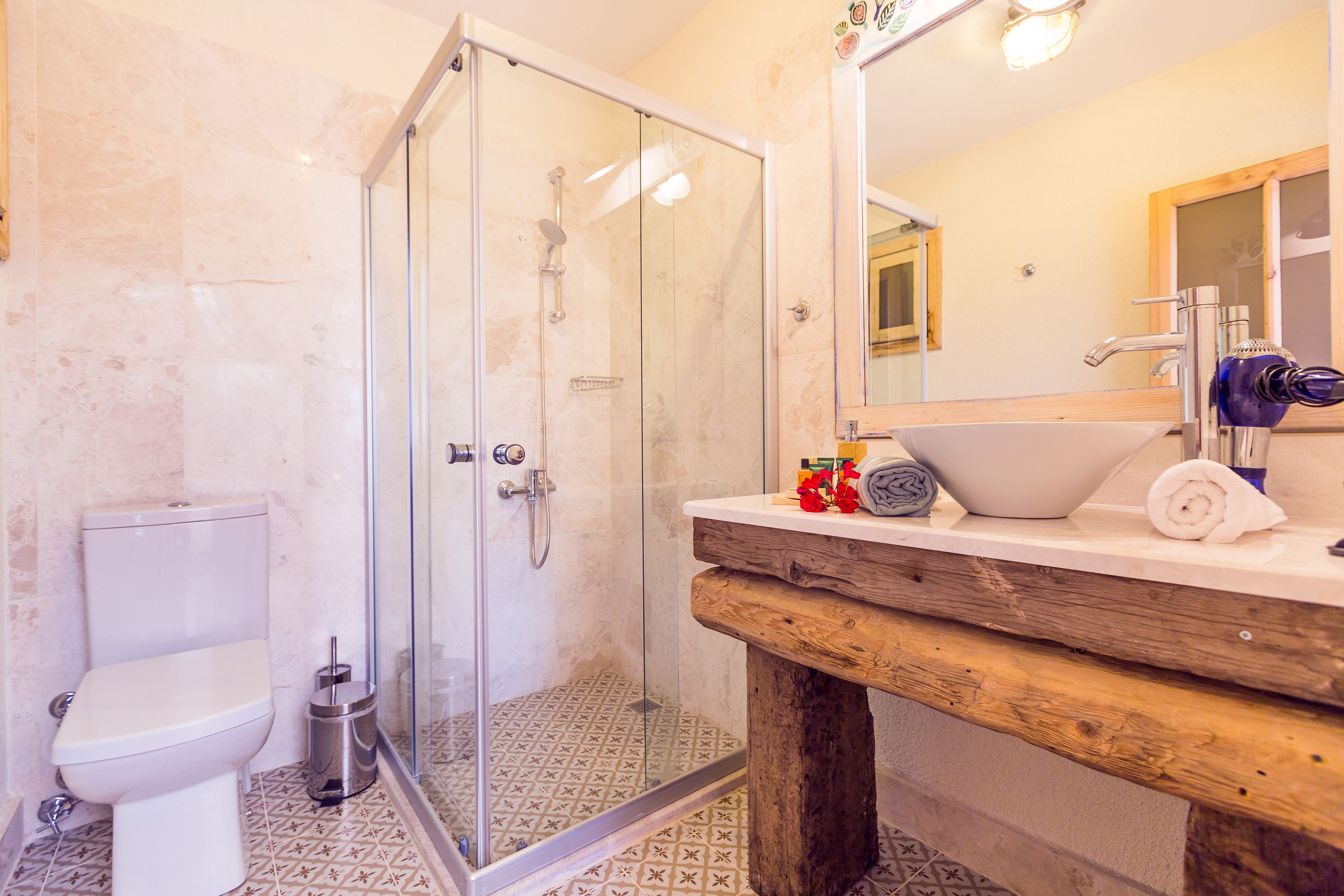 free toiletries, hair dryer, towels, shampoo