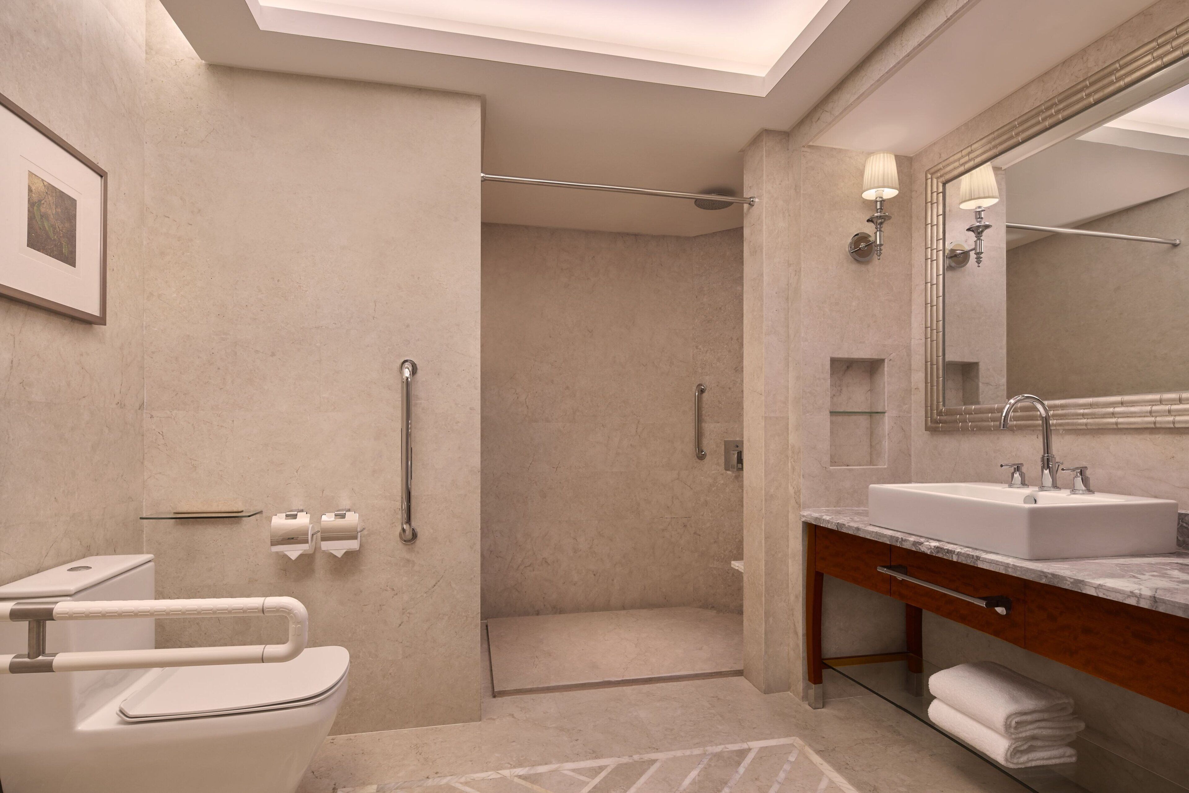 A modern bathroom with a walk-in shower, a toilet with grab bars, a sink with a vanity, and a large mirror.