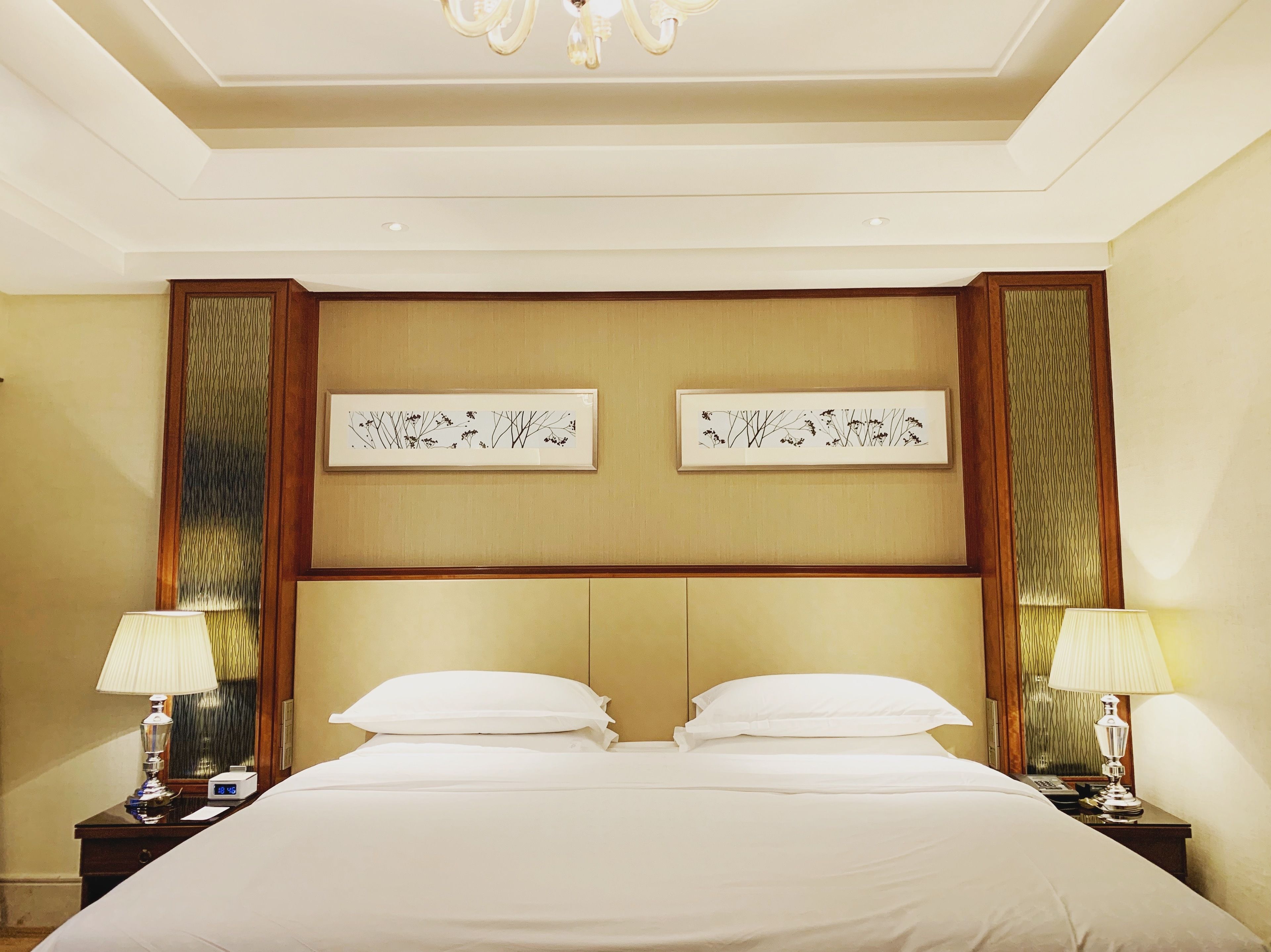 Une chambre d’hôtel avec un grand lit, deux œuvres d’art accrochées au mur et un lustre.