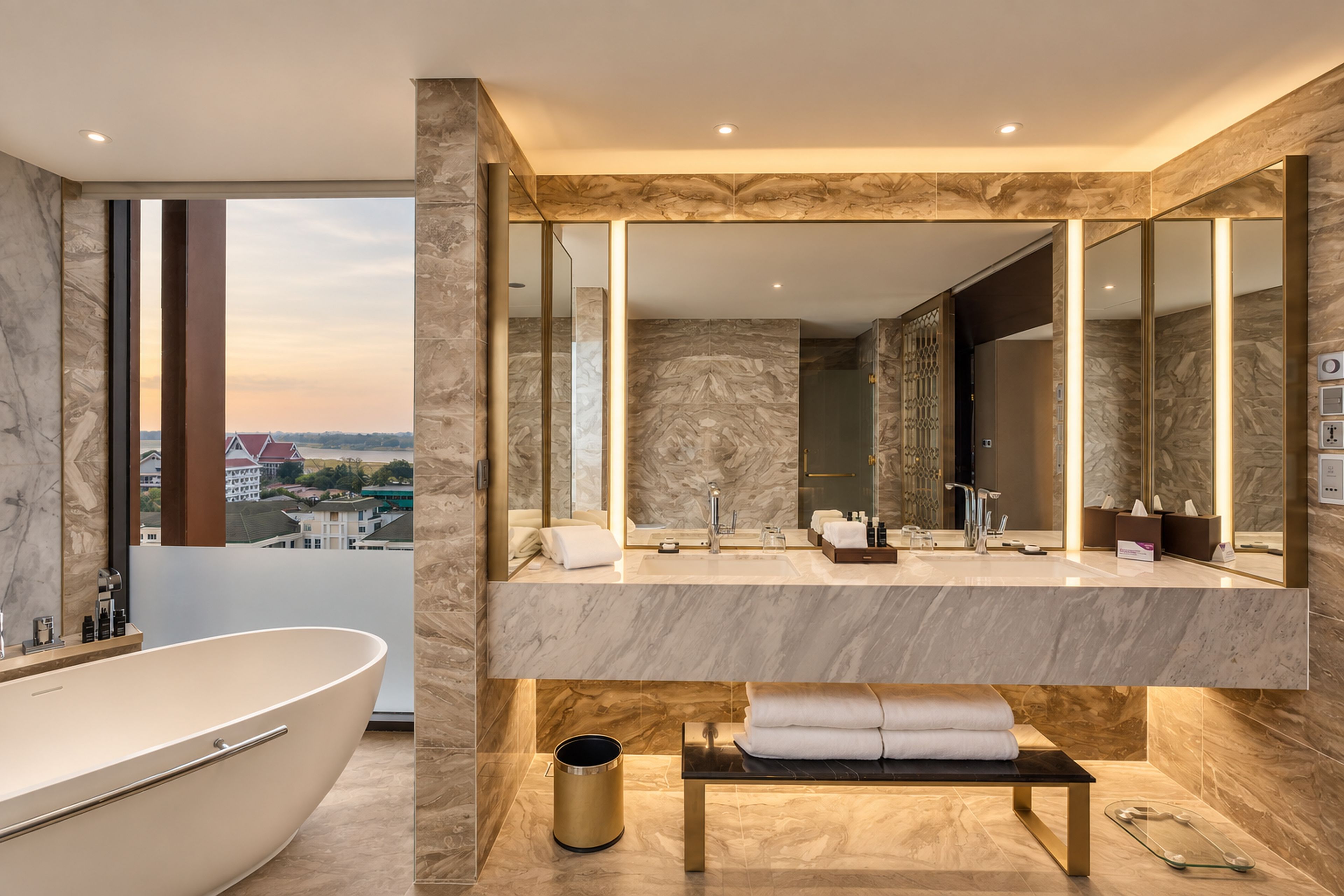 A modern bathroom with a freestanding bathtub, a large mirror, and a bench with towels.