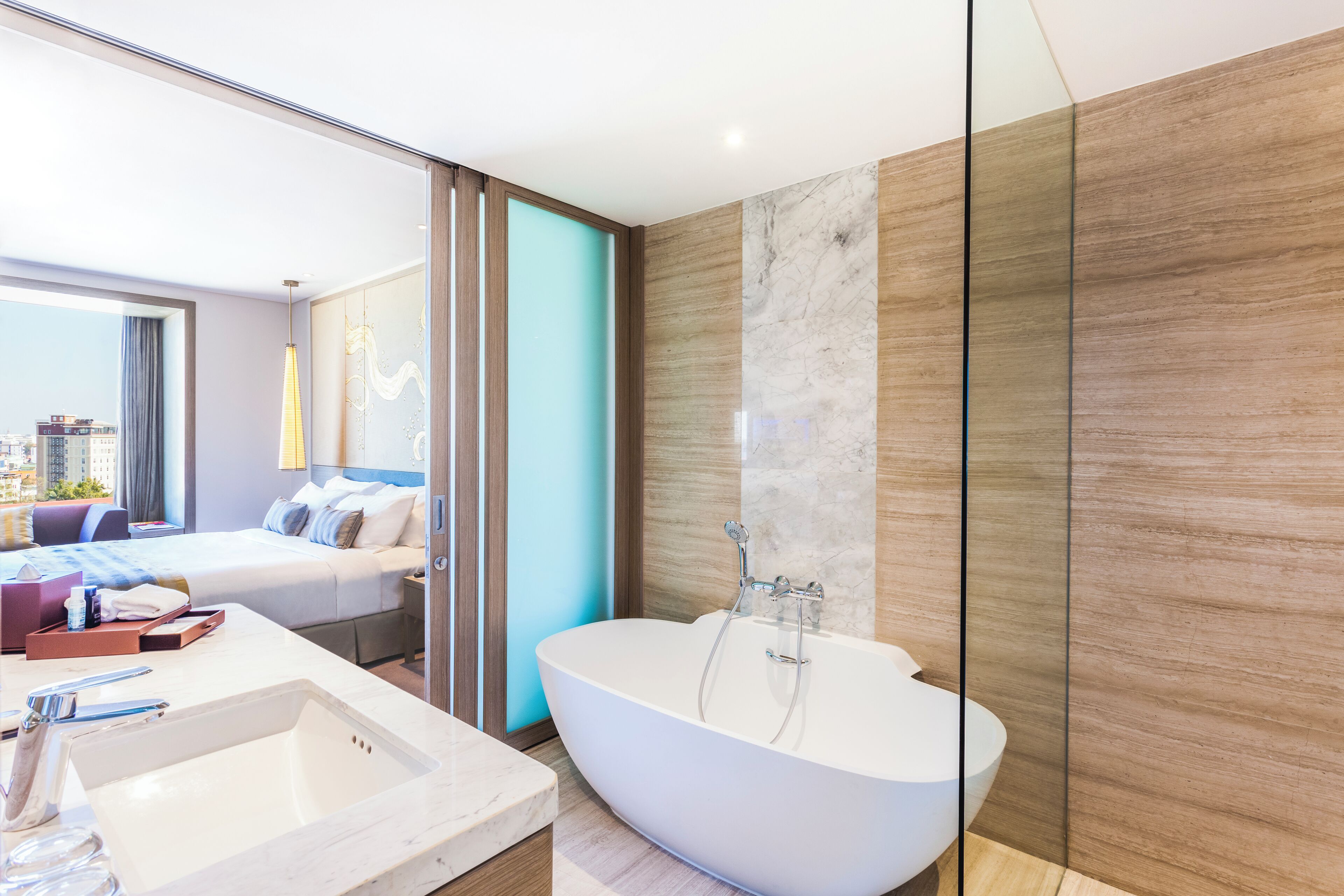 combined shower/bathtub, free toiletries, hair dryer, bathrobes