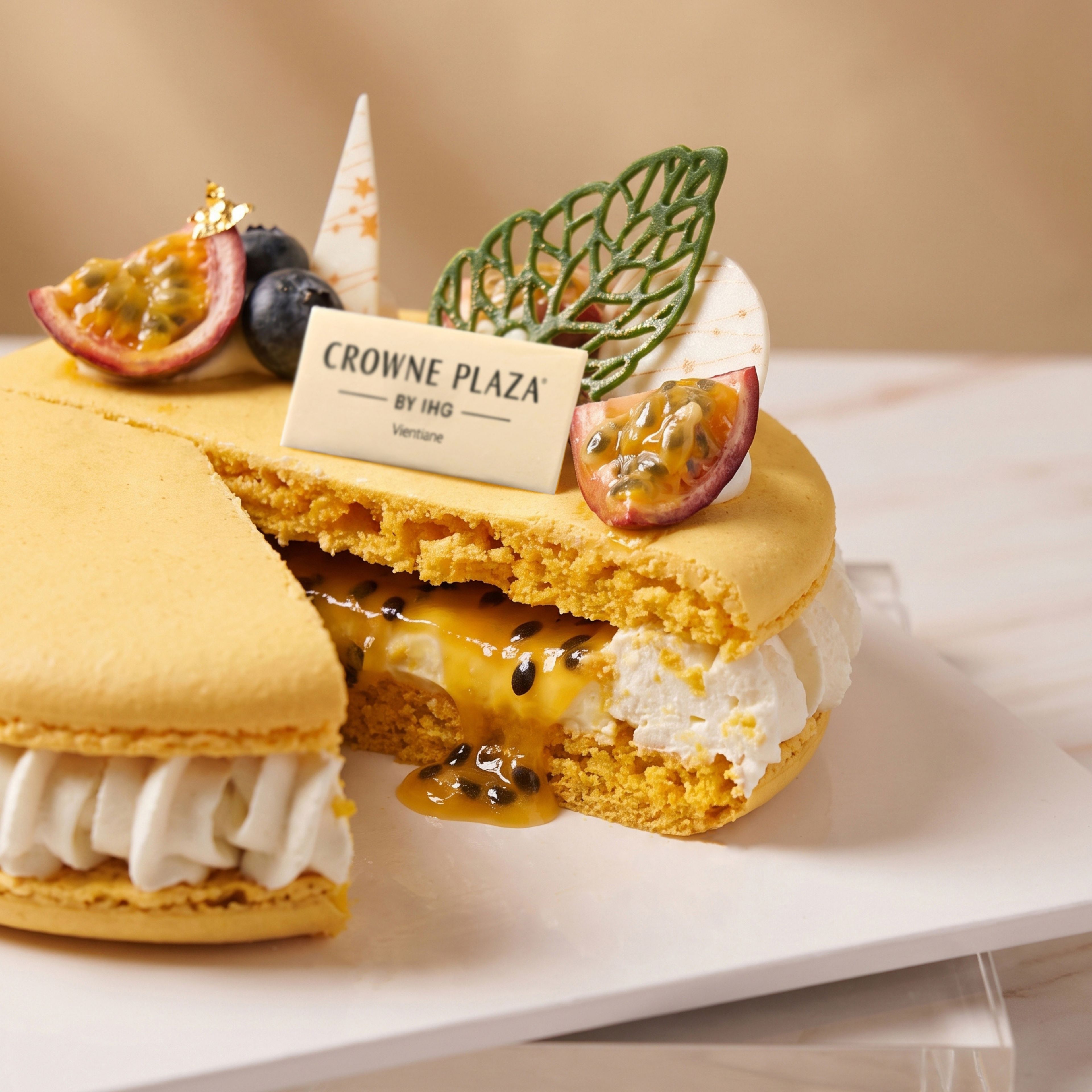A dessert with a sign that reads 'CROWNE PLAZA BY IHG Vientiane.'