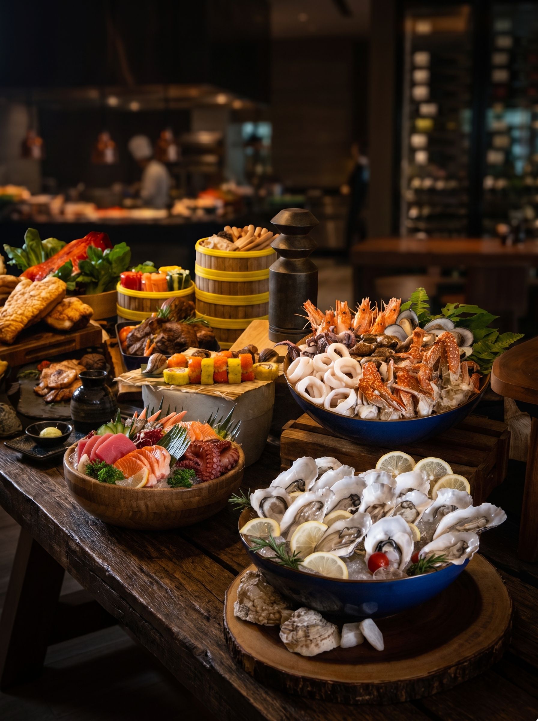 A variety of seafood dishes displayed on a wooden table.