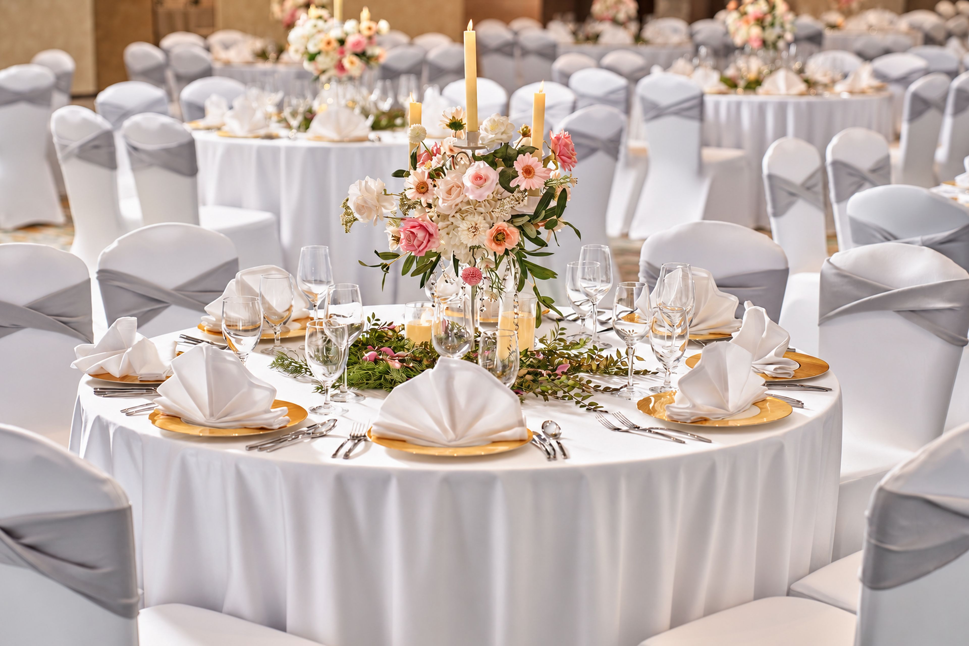 A banquet hall with round tables set for a formal event, featuring white tablecloths, gold cutlery, and floral centerpieces.