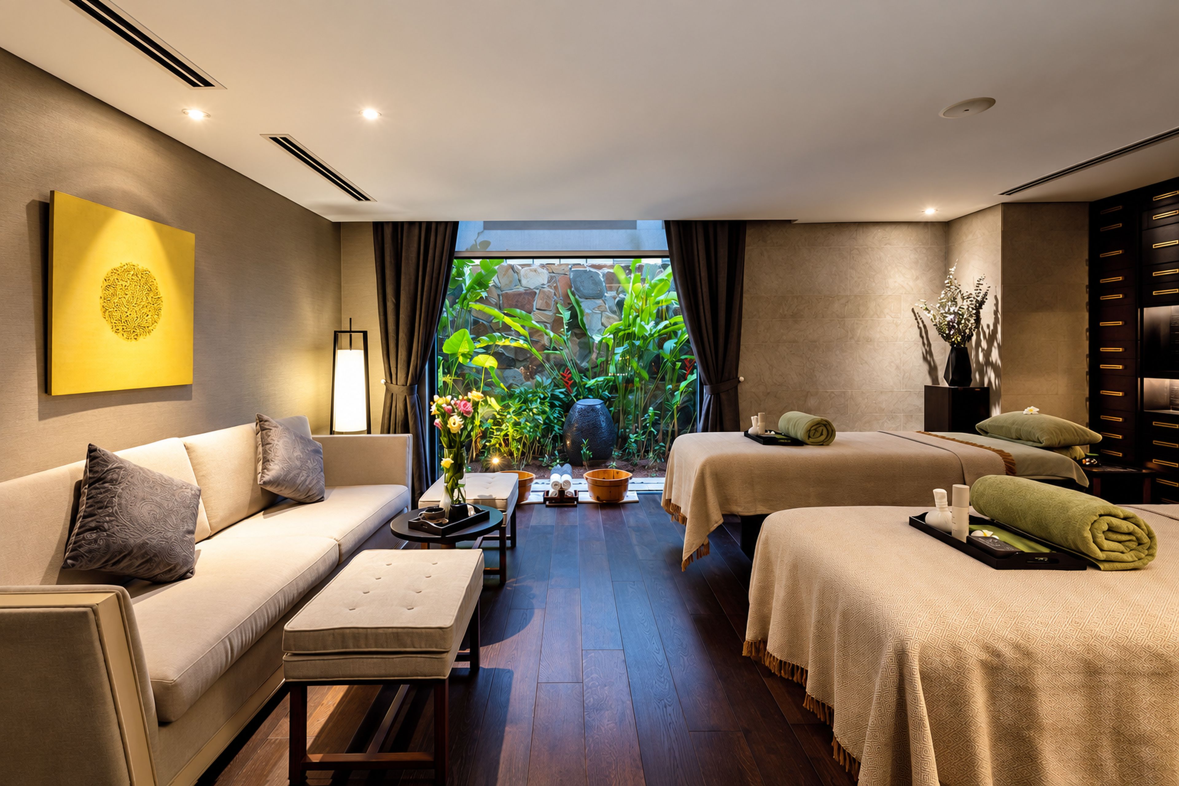 Una habitación de hotel con sofá, una mesita, una camilla de masaje y vistas a un jardín.