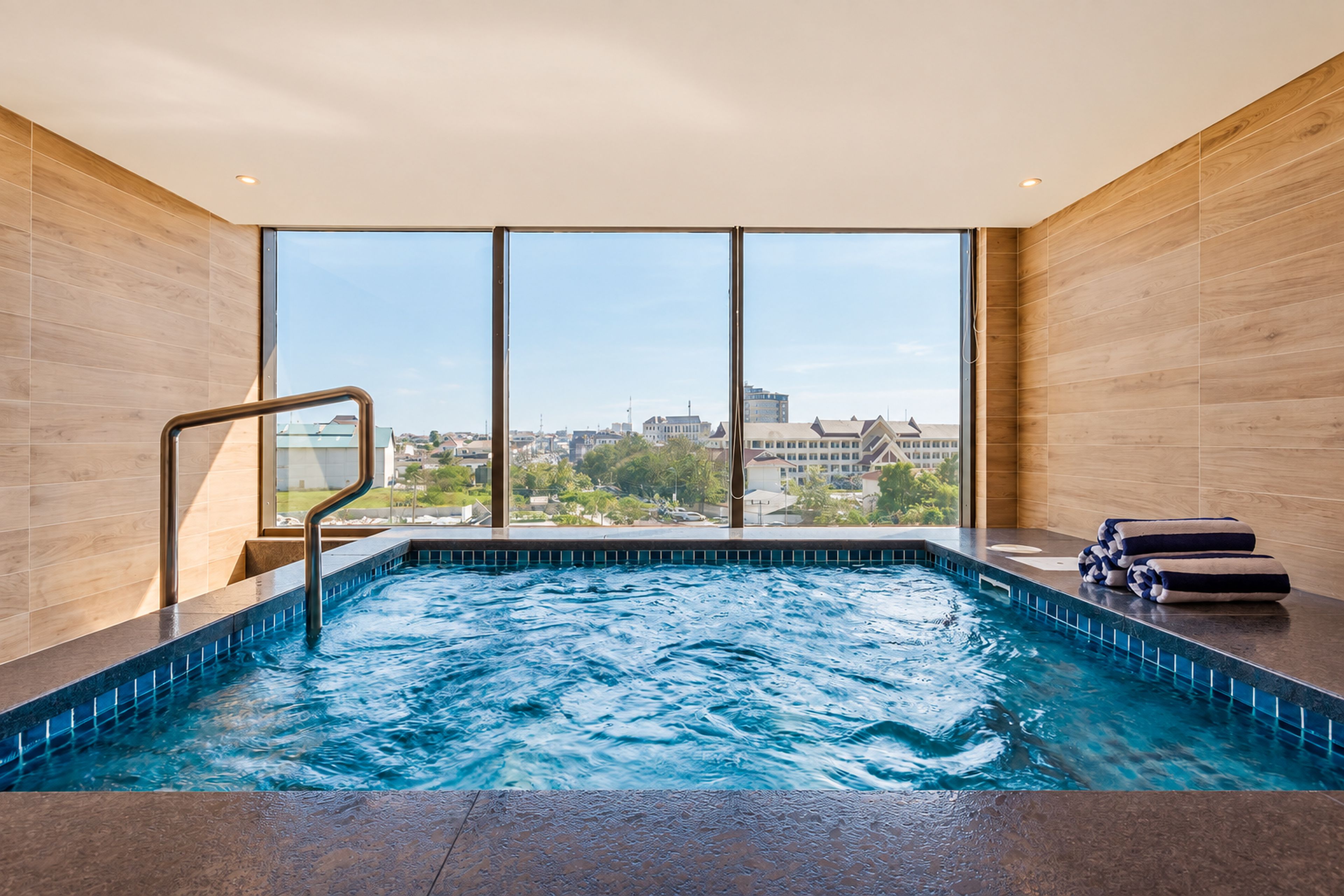 Una piscina interior moderna con vistas a un paisaje urbano a través de amplias ventanas.