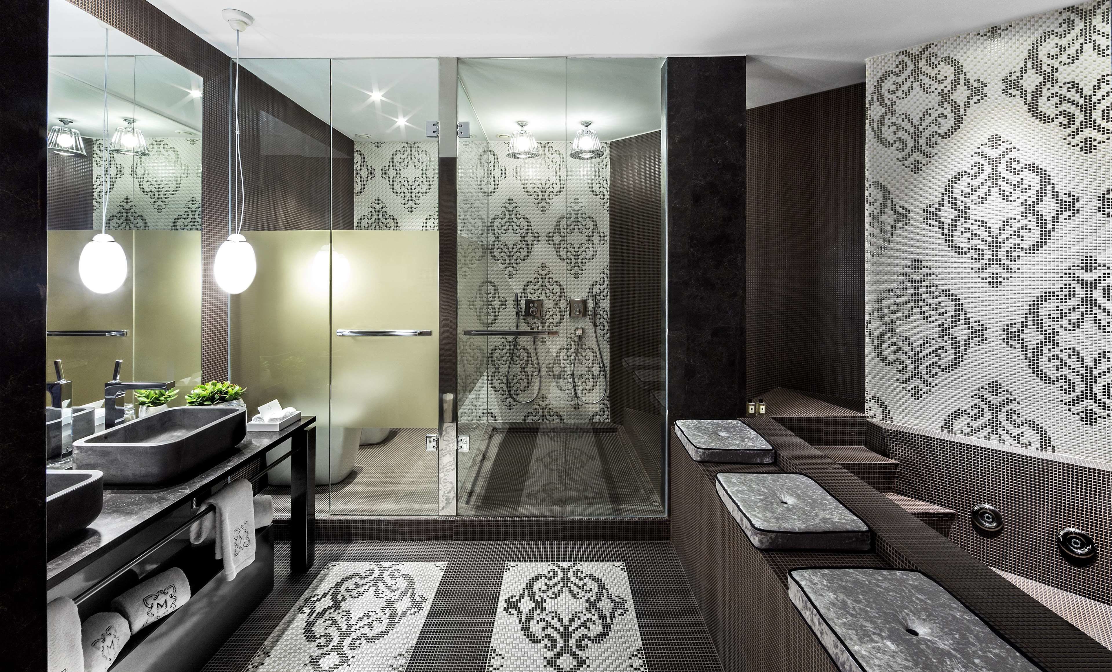 designer toiletries, hair dryer, bathrobes, slippers