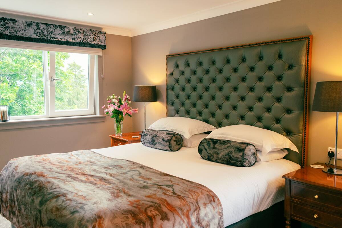 A bedroom with a large bed, a tufted headboard, a nightstand with a lamp, and a window with a view of trees.
