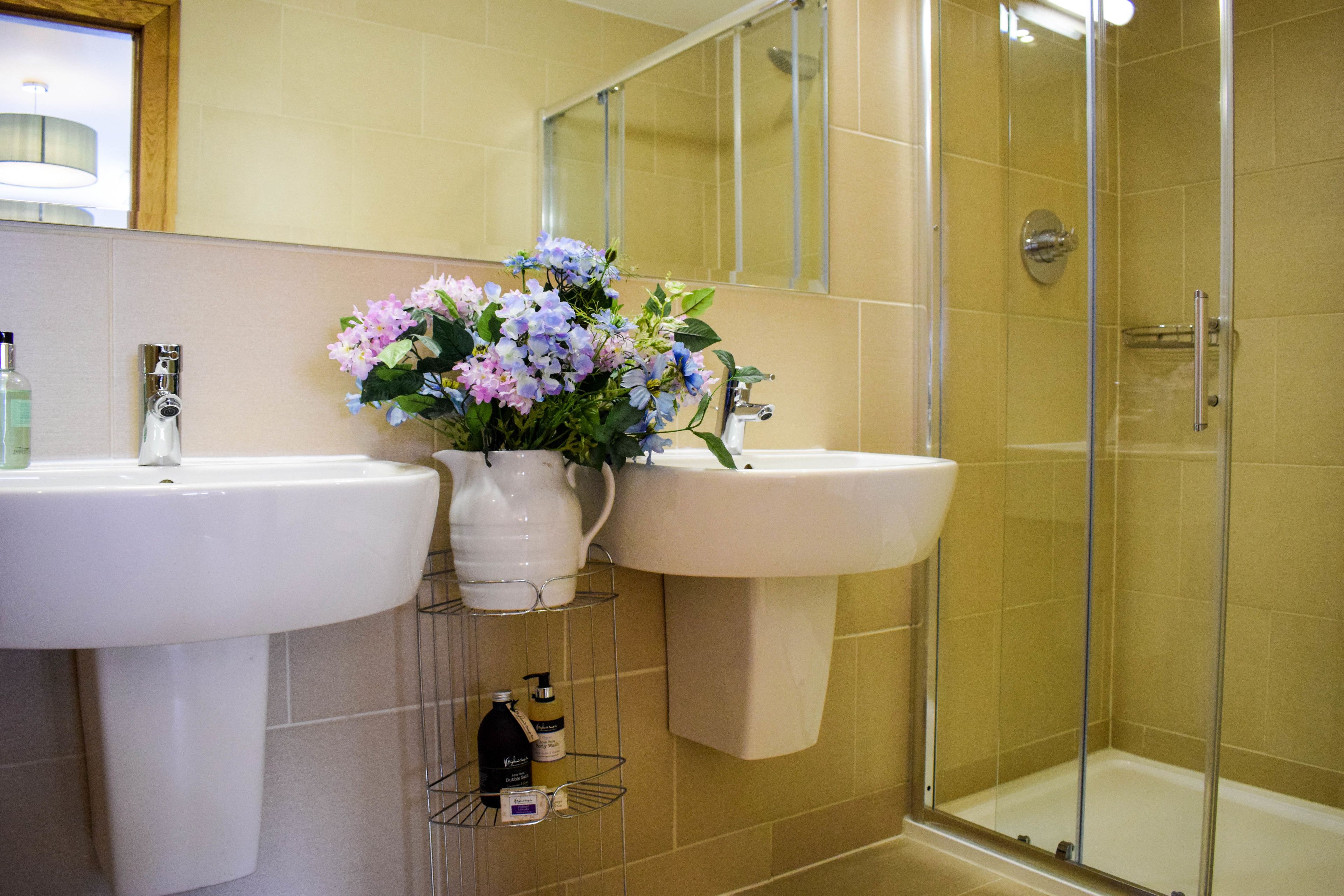 A bathroom with two sinks, a shower, and a mirror.