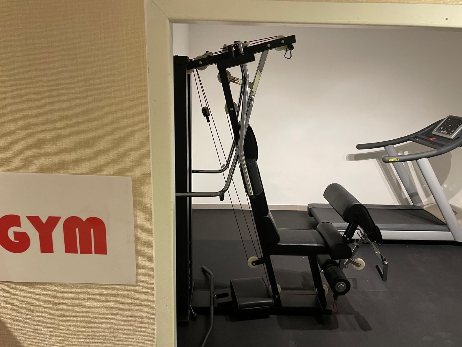 A gym with a treadmill and weight machines.